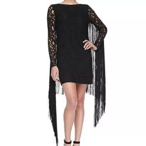 Michael Kors Black Long Mod Dramatic Boho Sexy Fringe Lace Dress NWT 10